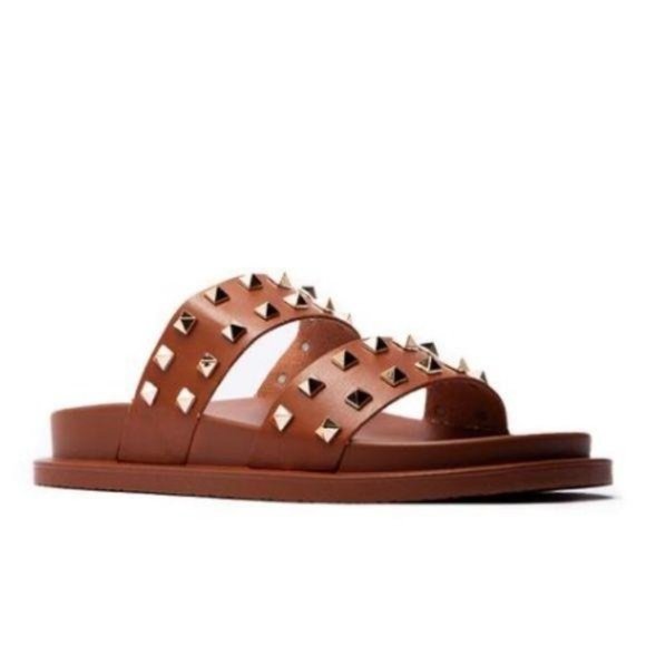 !! NEW !! Studded Double Strap Slides in Cognac - Picture 2 of 4